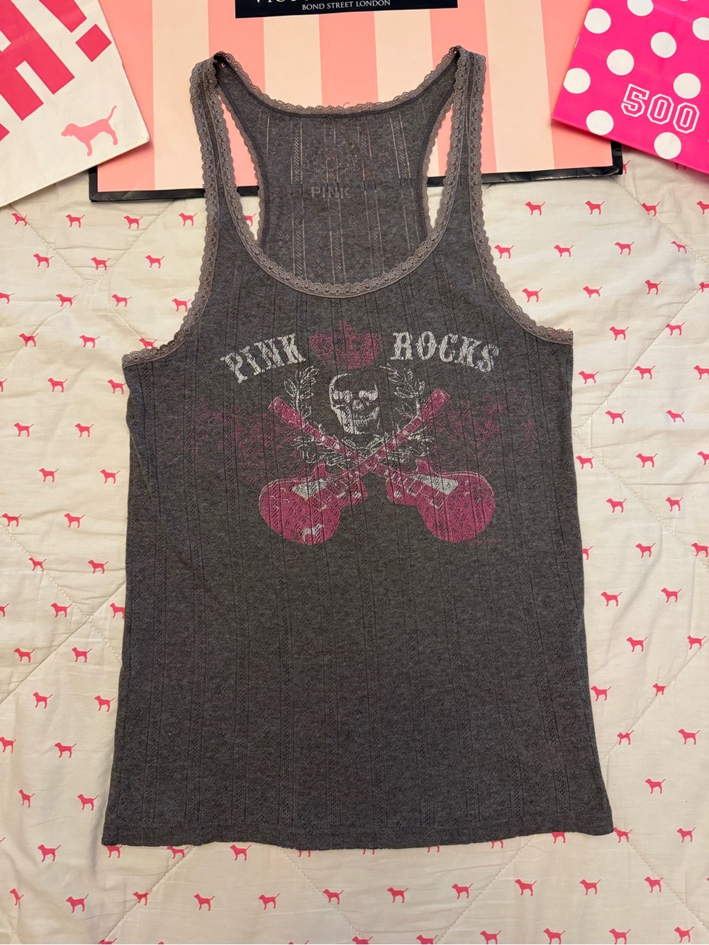 VS PINK VINTAGE Y2K LACE TRIM TANK TOP GRAY ROCK N ROLL SKULLS GUITAR CROWN RARE